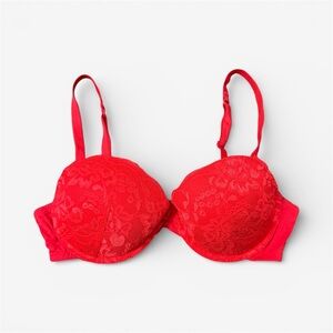 Forever 21 Red Lace Push Up Bra with Bow Sexy Valentine’s Day Lingerie Size 36C